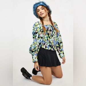 Free People Ariana Retro Combo Multi Floral Smocked Square-Neck Blouse